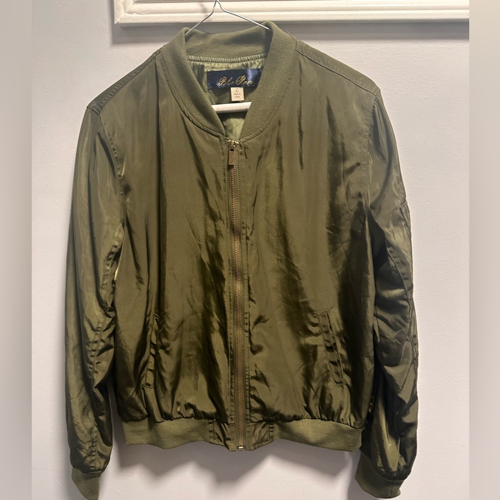 Francesca’s Blue Rain Green Bomber Jacket, Large - Picture 3 of 8
